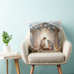Rustic Nativity Scene with Winter Florals Throw Pillow<br><div class="desc">This serene nativity scene captures the peaceful beauty of the Holy Family beneath a rustic wooden stable, gently lit by lanterns and surrounded by soft snowfall. The design features Mary, Joseph, and baby Jesus in a warm, reverent moment, accentuated by delicate winter florals, snow-covered pine branches, and glowing string lights....</div>