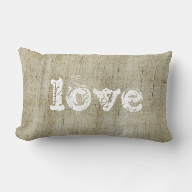 Rustic Natural Canvas Burlap Love Lumbar Pillow (Front)