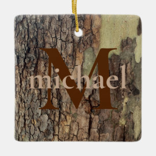 Rustic natural distressed tree bark forest trees  ceramic ornament