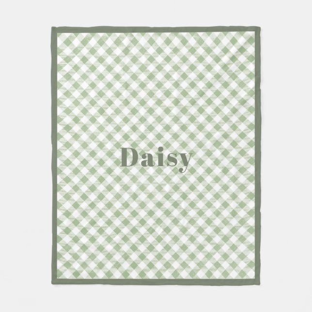 Rustic Natural Sage Gingham Plaid Fleece Blanket (Front)