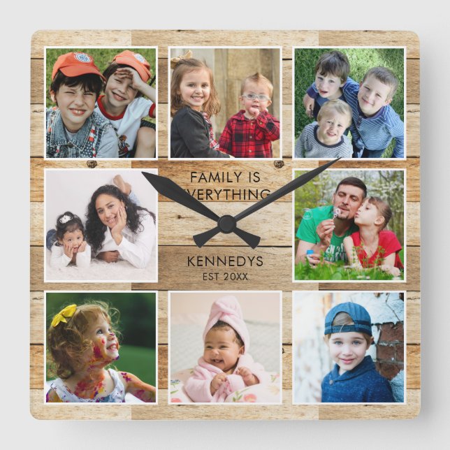 Rustic Natural Wood 8 Photo Collage Family Quote  Square Wall Clock (Front)