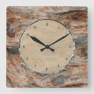 Rustic Natural Wood And Metallic Look 2 Square Wall Clock