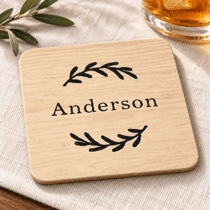 Rustic Natural Wood Laurel Monogram Name Coaster