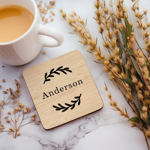 Rustic Natural Wood Laurel Monogram Name Coaster