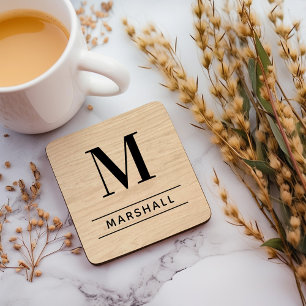 Rustic Natural Wood Serif Monogram Name Coaster