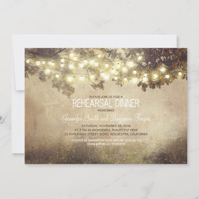 rustic nature tree branch lights rehearsal dinner invitation (Front)