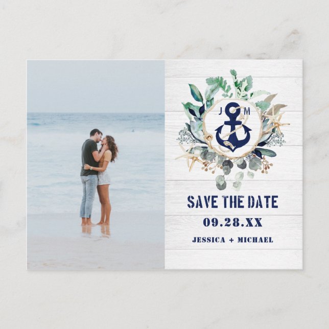 Rustic Nautical Anchor Beach Photo Save The Date Invitation Postcard (Front)