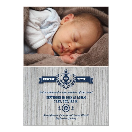 Rustic Nautical Baby Photo Birth Card