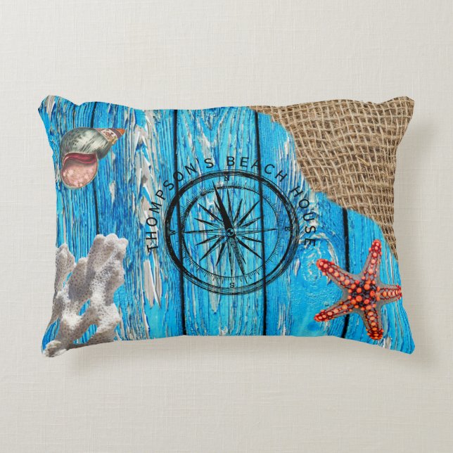 Rustic Nautical Blue Wood Burlap Starfish Accent Pillow (Front)