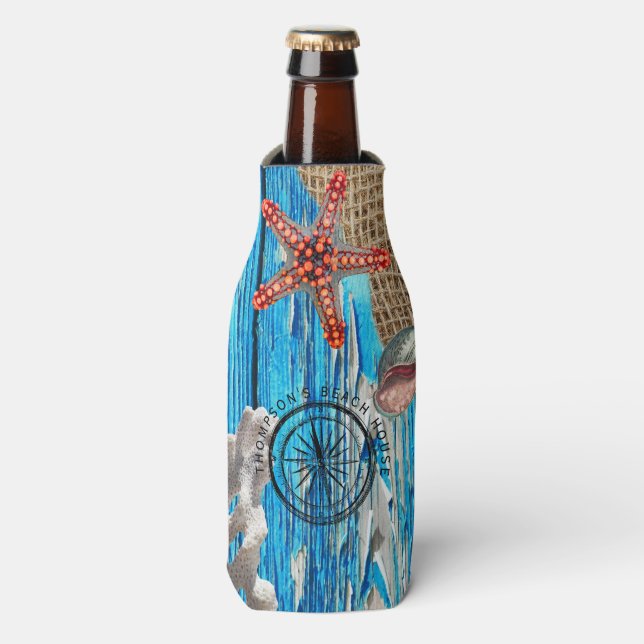 Rustic Nautical Blue Wood Burlap Starfish Bottle Cooler (Bottle Front)