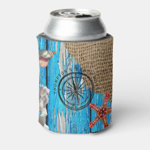 Rustic Nautical Blue Wood Burlap Starfish  Can Cooler