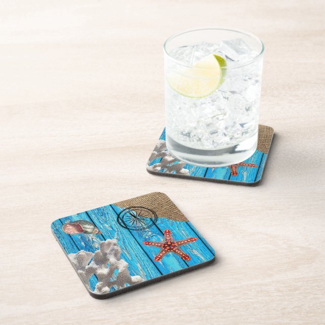 Rustic Nautical Blue Wood Burlap Starfish Coaster (Right Side)