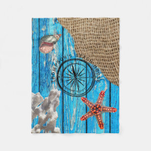 Rustic Nautical Blue Wood Burlap Starfish Fleece Blanket