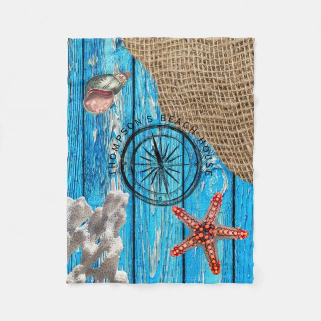 Rustic Nautical Blue Wood Burlap Starfish  Fleece Blanket (Front)