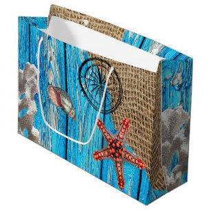 Rustic Nautical Blue Wood Burlap Starfish  Large Gift Bag