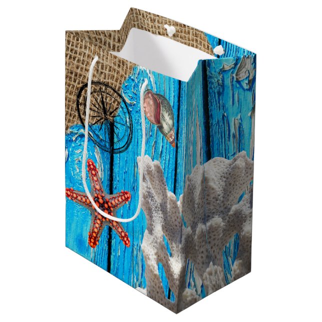 Rustic Nautical Blue Wood Burlap Starfish Medium Gift Bag (Front Angled)