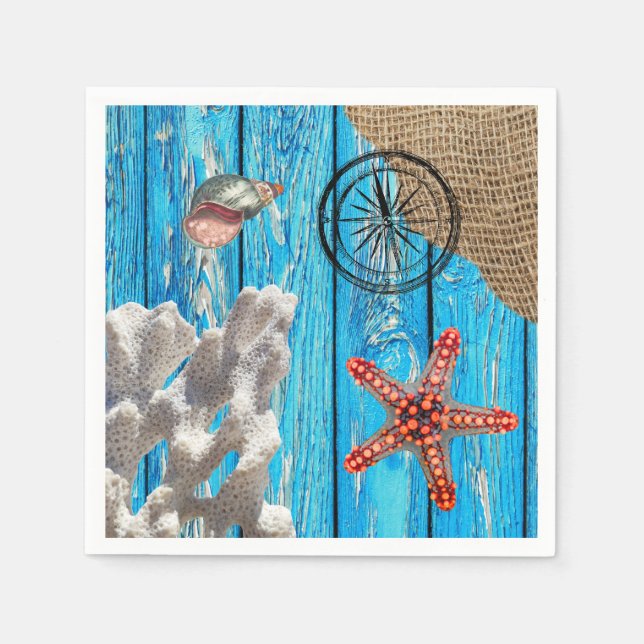 Rustic Nautical Blue Wood Burlap Starfish  Napkin (Front)