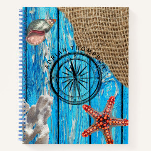 Rustic Nautical Blue Wood Burlap Starfish Notebook