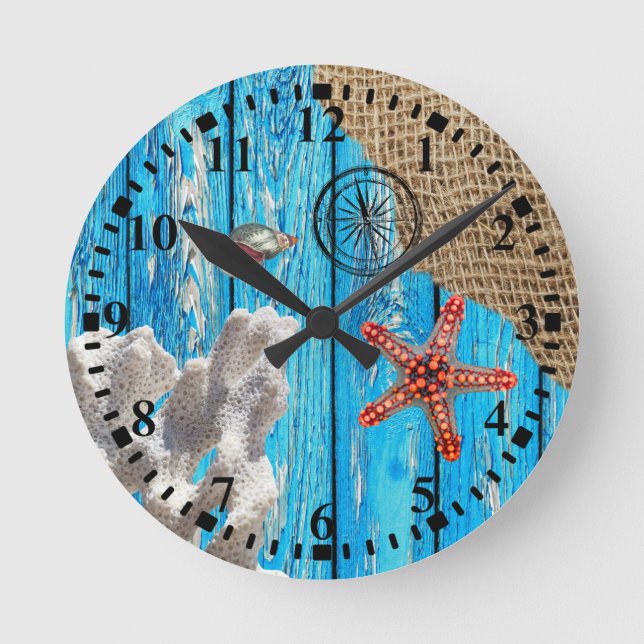 Rustic Nautical Blue Wood Burlap Starfish Round Clock (Front)