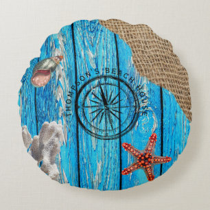 Rustic Nautical Blue Wood Burlap Starfish Round Pillow