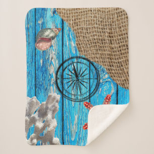 Rustic Nautical Blue Wood Burlap Starfish Sherpa Blanket