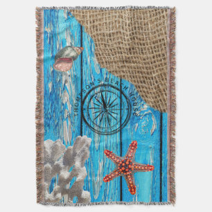 Rustic Nautical Blue Wood Burlap Starfish Throw Blanket