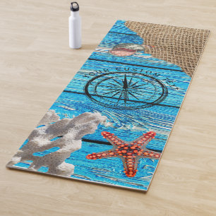 Rustic Nautical Blue Wood Burlap Starfish Yoga Mat