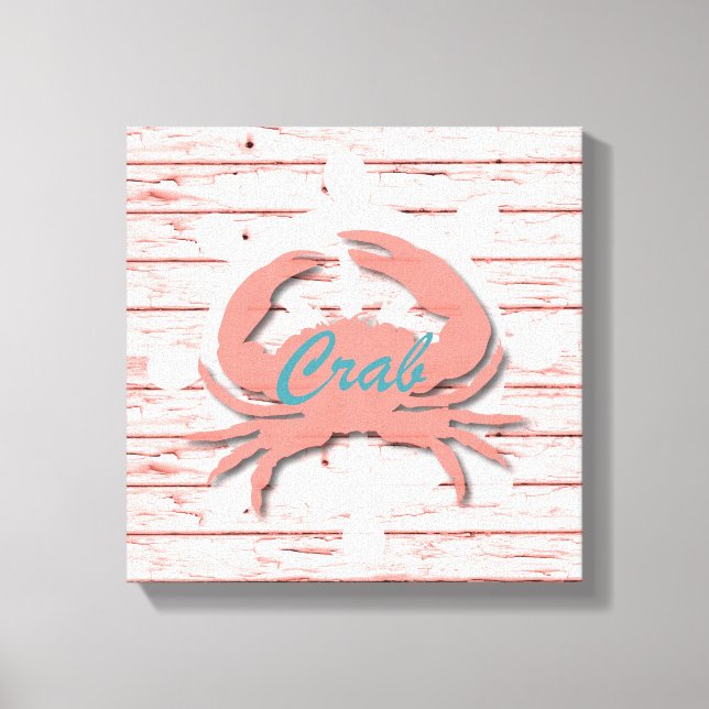Rustic Nautical Crab On Distressed Wood Canvas Print (Front)