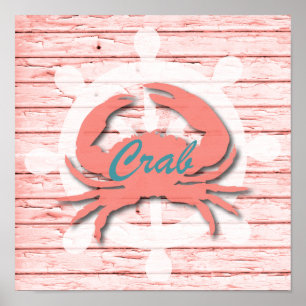 Rustic Nautical Crab On Peeling Wood Print