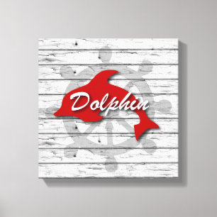 Rustic Nautical Dolphin On Weathered Grey Wood Canvas Print