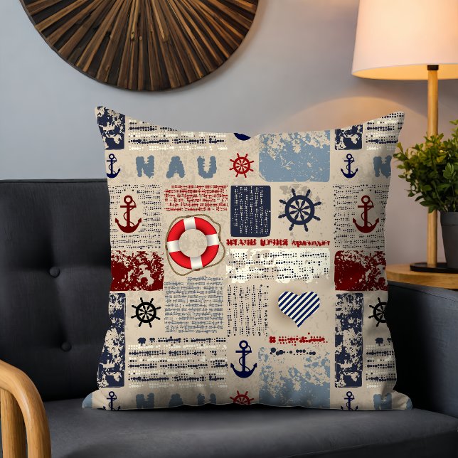 Rustic Nautical Grunge Anchor Wheel Heart Pattern Throw Pillow (Creator Uploaded)