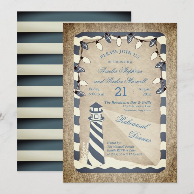 Rustic Nautical Lighthouse Beach Rehearsal Dinner Invitation (Front/Back)