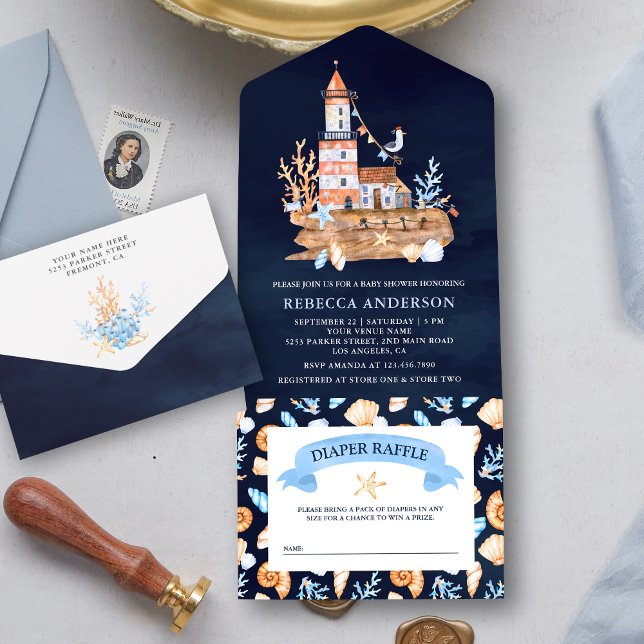 Rustic Nautical Lighthouse Navy Blue Baby Shower All In One Invitation (Creator Uploaded)