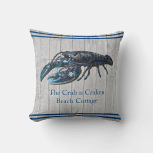 Rustic Nautical Navy lobster Coastal Grey wood Throw Pillow