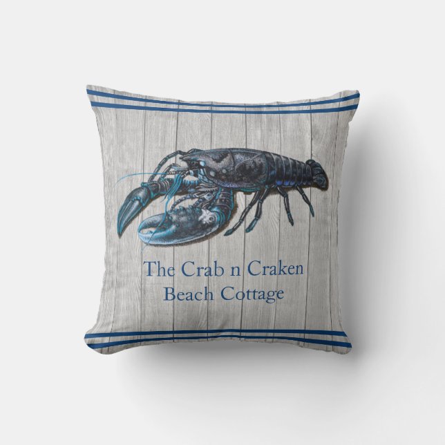 Rustic Nautical Navy lobster Coastal Grey wood Throw Pillow (Front)