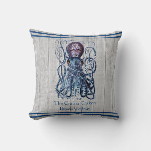 Rustic Nautical Navy Octopus Coastal Grey wood Throw Pillow