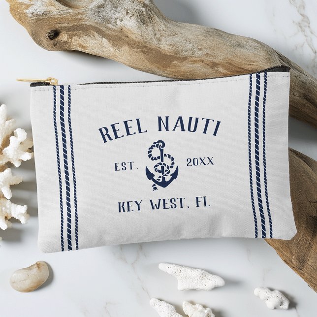 Rustic Nautical Navy & White Anchor Boat Name Accessory Pouch (Creator Uploaded)