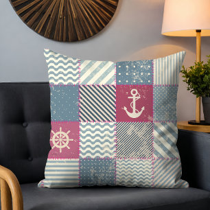 Rustic Nautical Patchwork Stripes Anchor Pattern Throw Pillow