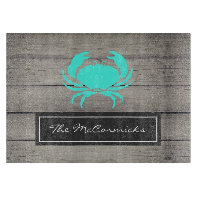 Rustic Nautical Teal Blue Crab Monogram Name Cutting Board (Front)