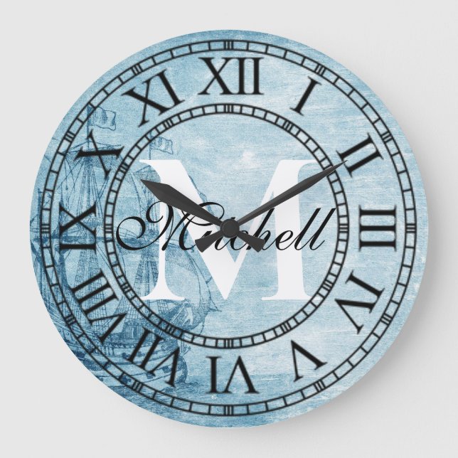 Rustic Nautical Vintage Ship Monogram Large Clock (Front)