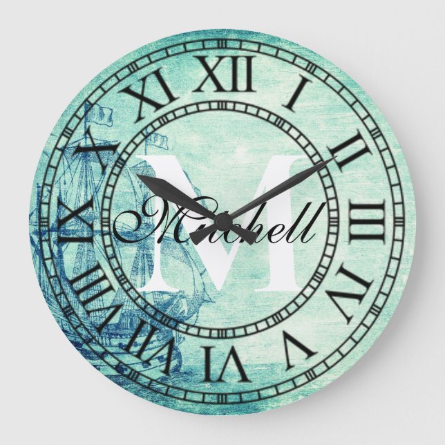Rustic Nautical Vintage Ship Monogram Large Clock (Front)