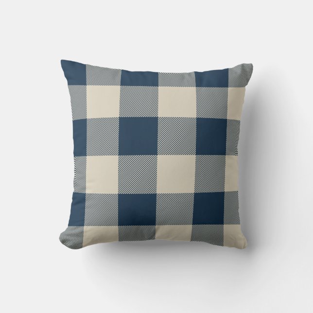 Rustic Navy and Beige Buffalo Check Plaid Throw Pillow (Front)