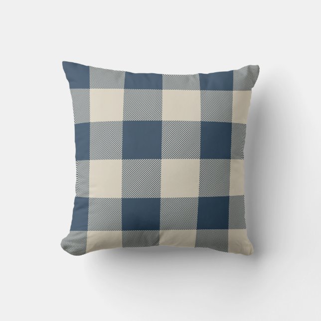 Rustic Navy and Beige Buffalo Check Plaid Throw Pillow (Front)