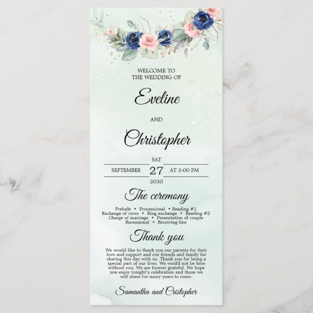 Rustic Navy and Blush Floral Greenery Wreath Program (Front)