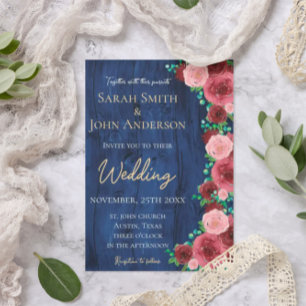 Rustic Navy and Burgundy Watercolor Fall Wedding Invitation