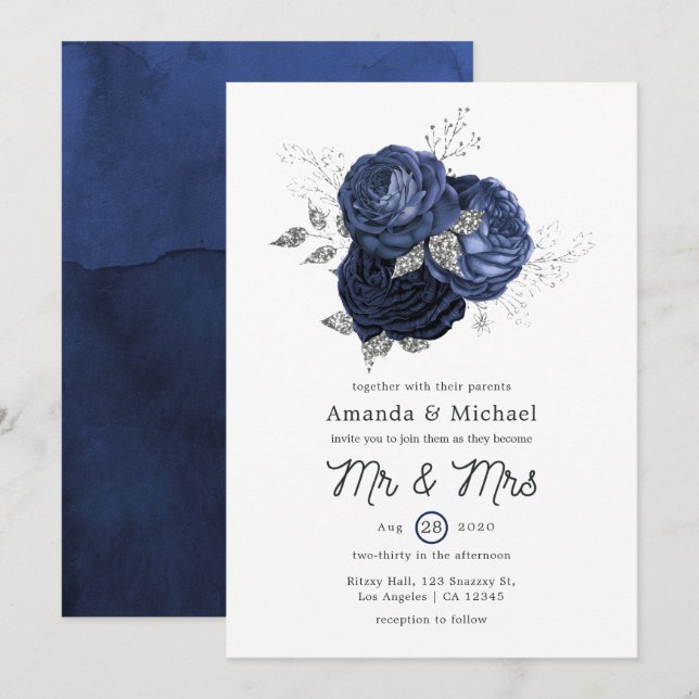 Rustic Navy and Faux Glitter Silver Floral Wedding Invitation (Front/Back)