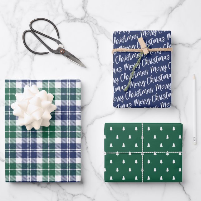 Rustic Navy and Green Watch Plaid Merry Christmas Wrapping Paper Sheet (Front)