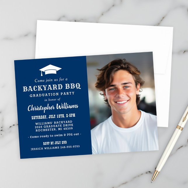 Rustic Navy Backyard BBQ Photo Graduation Party Invitation (Creator Uploaded)