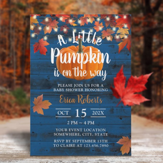 Rustic Navy Barn Autumn Leaves Pumpkin Baby Shower Invitation (Creator Uploaded)