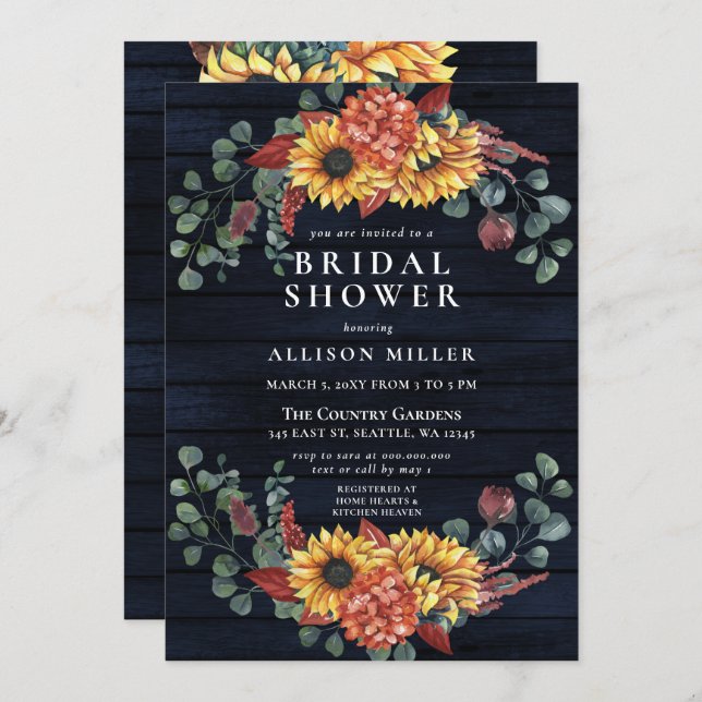 Rustic  Navy Barn Wood Sunflowers Bridal Shower Invitation (Front/Back)